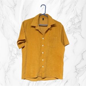 Zaful Men's Short Sleeve Textured Button-Up Shirt - Mustard yellow small